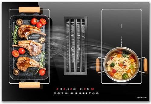 NOXTON Plaque Induction 4 Feux avec Hotte Aspirante 135 W, Plaque de cuisson induction Encastrable 6400W, Plaque à Induction 77CM avec Zone Flexible, Booster, Minuterie, Pause