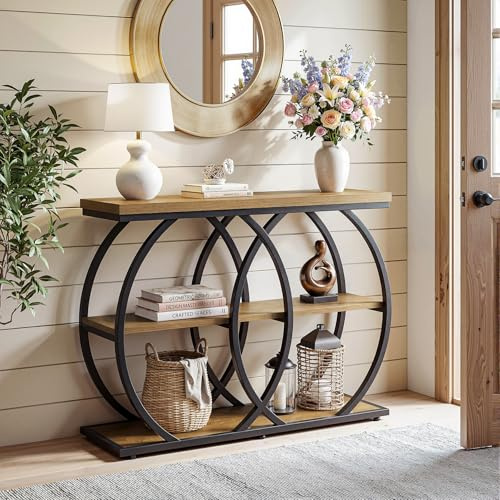 Tribesigns Table Console 105 cm, Table d‘Entrée Industrielle avec 3 Étagères de Rangement, Table de Canapé Étroite avec Cadre Métallique pour Salon Couloir Entrée, Brun Rustique