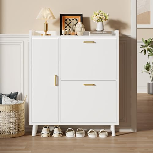 Schuhschrank mit 3 Klappen, Schuhregal Schmal mit Griffen,Schuhaufbewahrung mit Massivholzfüßen,Schuhkommode mit Verstellbaren Trennwände für Kleine Räume Wie Flur Wohnzimmer (80x96x24cm ,Weiß)