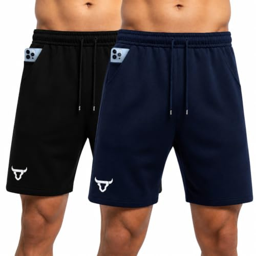 TORO ACTIVA Pack of 2 Men Active Wear Running Shorts Workout Side Invisible Zip Pockets Adjustable Waist Draw String Cord Gym Training Shorts Lightweight