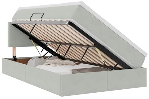 XHNIFBN Stauraumbett Hellgrau 120 x 200 cm Samtbezug Federholzrahmen Metallrahmen für Schlafzimmer Gästezimmer Doppelbett modern Design