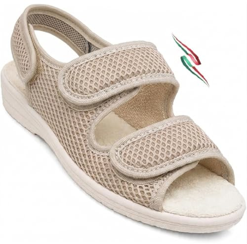 Sandali ciabatte donna regolabili TRE strappi SPRIT5 Piuma comfort tessuto alveare forato traspirtante anziani Made in italy (beige, Sistema Taglie Calzature EU, Adulto, Donna, Numero, Media, 41)