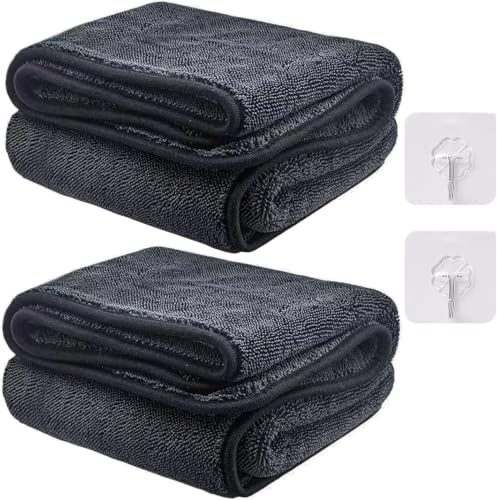 Celsano 2 Stück Auto Trockentuch Dusche XXL, Mikrofasertücher 40 * 60CM | 600 GSM Saugstarkes Trockentuch, Fusselfrei, Kratzerfrei Ultra-Wipes mit zwei Haken für Auto Motorrad Badezimmer Fenster Grau