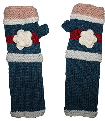 Freak Scene Armstulpen aus Wolle - Strickstulpen - blau mit Blume und Streifen - Pulswärmer mit Fleece