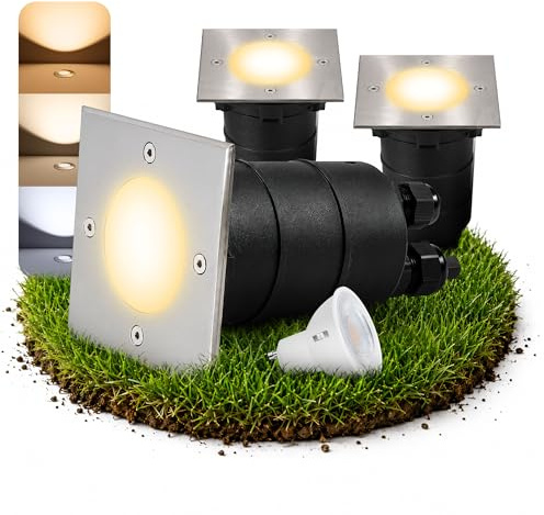 SSC-LUXon MADON Bodeneinbaustrahler 3x eckig IP67 6W dimmbar 3 Lichtfarben | Drei dimmbare Bodenspots eckig IP67 für Gartenwege, Terrasse & Einfahrt - warm / neutral / kalt, befahrbar bis 2t, Edelstahl