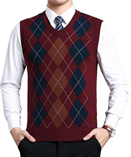 MorenMens Classic V-Neck Vest Sleeveless Jumper Knitted Gilet Knitwear Sweater Tank Tops Knitted Waistcoat Slipover Plaid Decoration Red