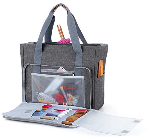 Teamoy Stricktasche Aufbewahrung, Grau (Nur Tasche) | Aufbewahrungstasche Mit stilvollem Design für Wolle, Stricknadeln, Häkelnadeln, Strickprojekte, und Zubehör