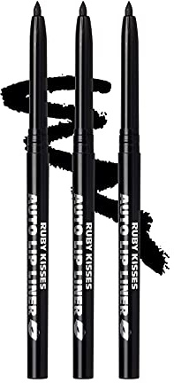 Ruby Kisses Auto Lip Liner Pencil (Black 3 Pack), Long Lasting & Non-Fading, Smooth Application, Non-Feathering with Rich Pigmented Color, No Sharpener Needed, Ideal for Full Lips Look