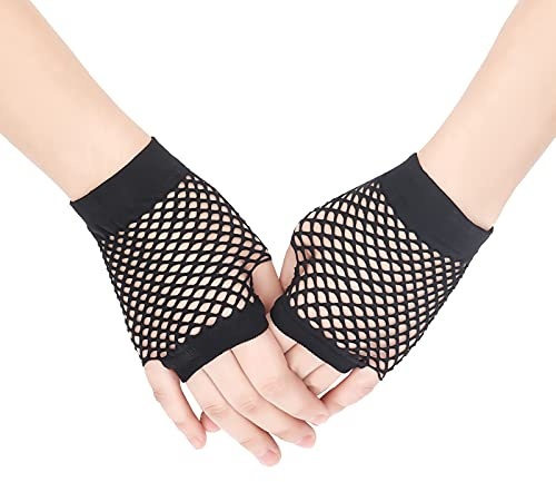 SAVITA 1 Par Guantes Cortos Rejilla Perforados Nailon Sin Dedos Funky Retro Elegantes Elásticos para Fiestas Nocturnas de Años 20 para Mujeres Fiestas Pelotas (Negro)