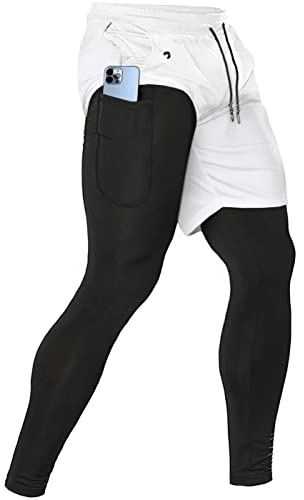 Aolesy 2-in-1-Laufhose für Herren, Fitnessstudio, Workout, Kompressionshose für Herren, Training, Athletic Pants, Stoffhose, Weiß, Groß