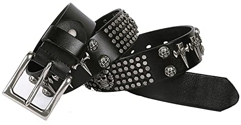 Designers Rivet Echtes Leder Punk Herren Rock Totenkopf Gürtel Hip Hop Style Jeans Metall Ceinture Riemen Taille,Schwarz,130CM/51.1''