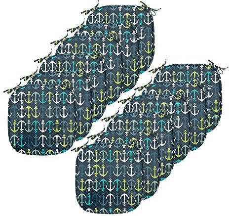 ABAKUHAUS Anker Polster für Esszimmerstühle, Maritime Segeln Reisen, Dekoratives wasserfestes Kissen mit Riemen für Küchensitze, 40 cm x 40 cm-12er Pack, Dunkelblau, Grün, Weiß