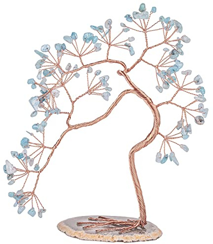 KYEYGWO Aquamarine Heilung Kristall Bonsai Baum mit Achat Scheiben Base, Energie Stein Geldbaum Feng Shui Kristallbaum Figuren Ornament Steinbaum Tisch Decor für Reichtum und Glück