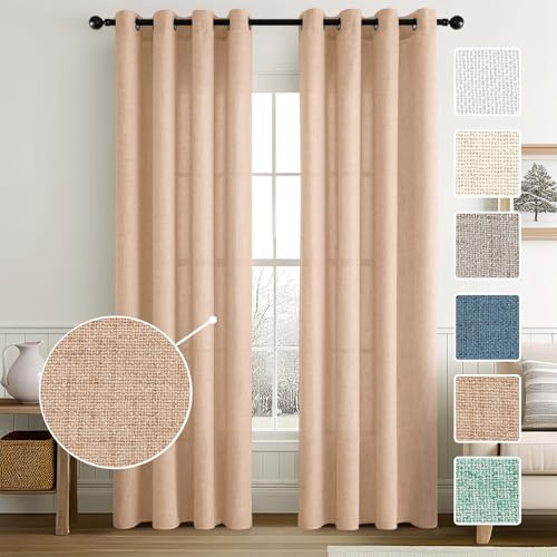 MIULEE Vorhänge Gardinen Ösenvorhang Leinenoptik Beige-Rosa 140x245cm | Wohnzimmer Leinen Vorhang Boho Gardine mit Ösen Semi-transparent Leinenvorhang Curtains 2er Set