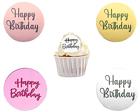 Happy birthday topper, 32Pcs Mirror Acrylic Happy Birthday Cake Topper, Round Acrylic Birthday Cupcake Topper Cake Pick Decorations for Birthday Party Cake Desserts Pastries
