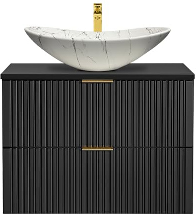 Lomadox Badezimmer Waschtisch, 81cm, matt schwarz gerillt mit Keramik-Waschbecken schwarz marmoriert, B/H/T ca. 80,6/74,2/46,5 cm
