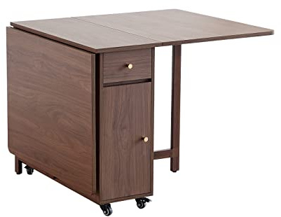 COMUHOME Extendable Drop Leaf Foldable Dining Table with 2 Drawers and 4 Wheels for Living Room Kitchen Farmhouse Space Saving Table in Walnut