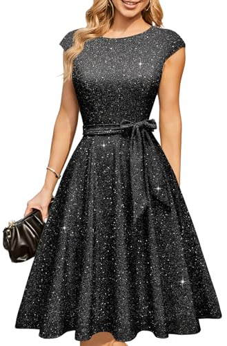 DRESSTELLS Cocktail Party Dresses for Women Formal Wedding Guest 2026 Sequin Sparkly Aline Fancy Knee Length Prom Gala Evening Dress Glitter Black XL