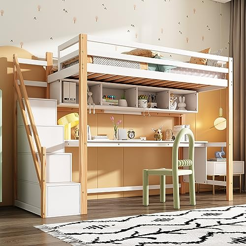 ZYLOYAL10 Kinderhochbett Baumhaus mit Stauraumtreppe 90 * 200cm, Massivholz+MDF, Etagenbett, Kinderbett mit großen Schreibtisch und Regalen, Umweltfreundliche Farben