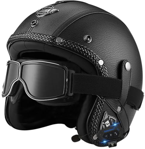 Bluetooth Motorbike Helmet Retro Open Face Helmet with Goggles 3/4 Motorcycle Leather Jet Helmet ECE/DOT Approved Half Helmet for Men and Women Adult Moped Scooter 1,XL(61-62CM)