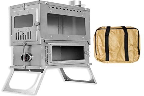Camping Titanium Tent Stove, Wood Burning Stove with Large Side Glass, Folding Small Camping Stove Backpacking with Chimney Pipes for Winter
