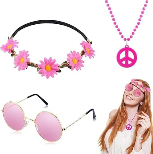 TECKI 3pcs Rosa Hippie Accessoires Set – Halskette mit Peace Zeichen, Stirnband Mit Blumenkrone, Hippie Sonnenbrille, Damen Partykleidung, Faschingskostüme, 70er Jahre Accessoires