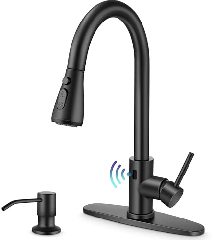 Touchless Kitchen Sink Faucet with Pull Down Sprayer, Herogo Matte Black Stainless Steel Motion Sensor Faucet with Soap Dispenser, Single Handle Smart Activated Kitchen Tap for Farmhouse RV Sink