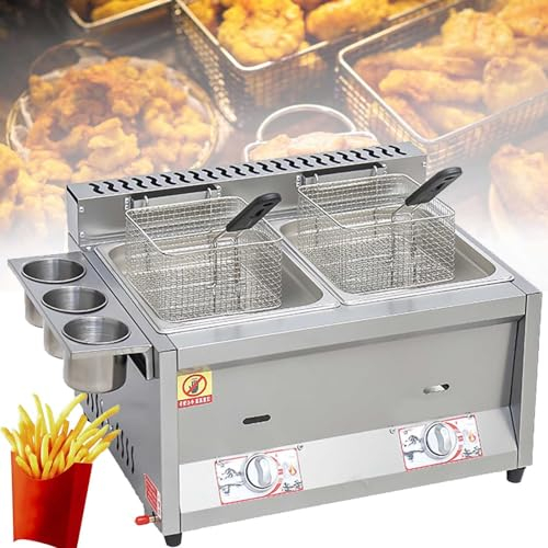 Friteuse à gaz professionnelle, grande friteuse au GPL en acier inoxydable 8L/16L/24L, contrôle de la température autonome, avec paniers à friture et couvercle,8L+8L