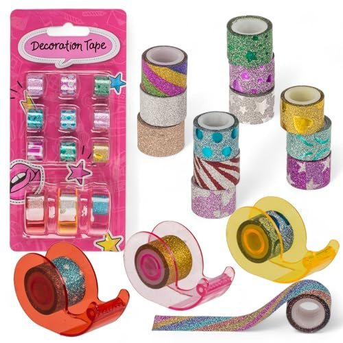 MIJOMA Lot de 12 mini rouleaux ruban adhésif décoratif et 3 dérouleurs – Paillettes, motifs variés : pois, cœurs, étoiles, idéal bricolage et artisanat
