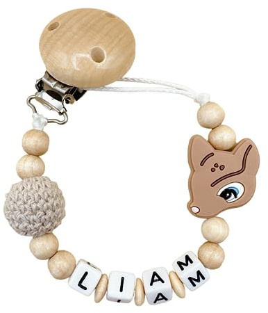 personalisierte Kette mit Namenfür Mädchen oder Junge Baby Geschenk personalisiert zur Geburt & Taufe Farbauswahl Silikon Reh (Braun)