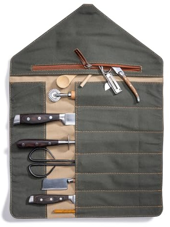 Angus Stoke Messertasche für Kochmesser aus Büffelleder, Exklusive 7-Fach Messerrolltasche mit Extra-Fächern – Kochtasche Leder Gordon (Braun)