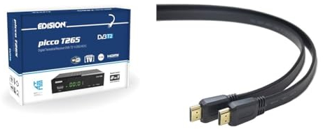 EDISION Picco T265, TDT Alta Definición H265 HEVC, Receptor DVB-T2, Soporte WiFi, Control Remoto IR 2 en 1 & PremiumCord 4K - Cable Plano HDMI + Ethernet, 1 m, Conectores Dorados, Color Negro