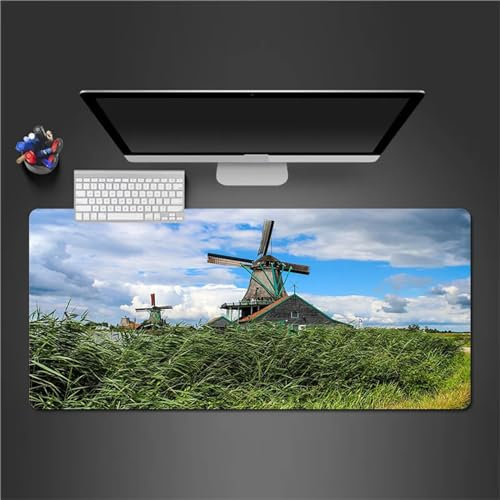 QiHon Mouse Pad Large Mouse Mat Gaming Windmill Landscape Mousepad XXL 23.6x11.8x0.1 inch with Soft Smooth Surface and Anti-Slip Rubber Base Improved Precision and Speed for Home Office Gaming Room