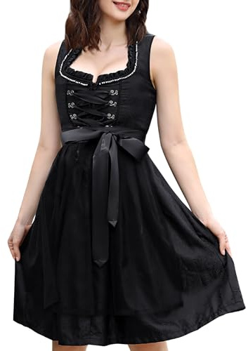 KOJOOIN Dirndl da Donna Abito Tradizionale Corto Midi con Grembiule in pizzo 2 pezzi. per Oktoberfest Nero (High-End) 46