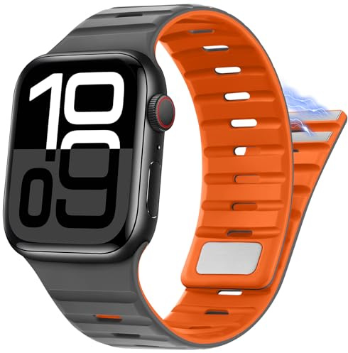 Suphart Compatible with Apple Watch Strap 49mm 46mm 45mm 44mm 42mm 41mm 40mm 38mm, Magnetic Silicone Sport Strap for Apple Watch Ultra 2 Ultra SE Series 10 9 8 7 6 5 4 (42/41/40/38, Gray Orange