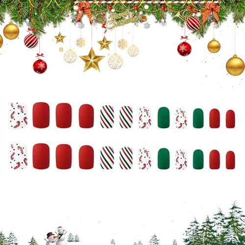 24 Pièces Noël Faux Ongles Faux ongles courts et carrés Faux ongles de Noël Faux ongles de Noël en acrylique pour les femmes et les filles Accessoires de Nail Art