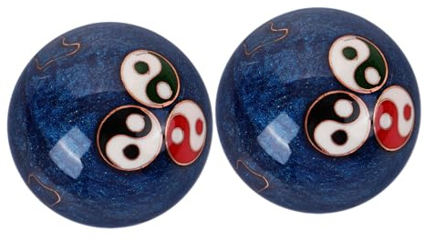 2 Stück Handgymnastikbälle aus Emaille in Blau mit Bagua Muster | Kompakt und Leicht, für Fitnessroutinen, zur Muskelentspannung, Dekoratives Feng Shui Design