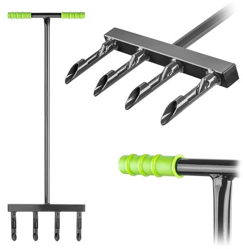 KADAX Hand Aerifizierer für Rasen, Rasenlüfter zum Belüften von Rasenflächen und Böden, Gartengerät, Rasenbelüfter mit 4 Zinken und T-Griff, Gartenwerkzeug