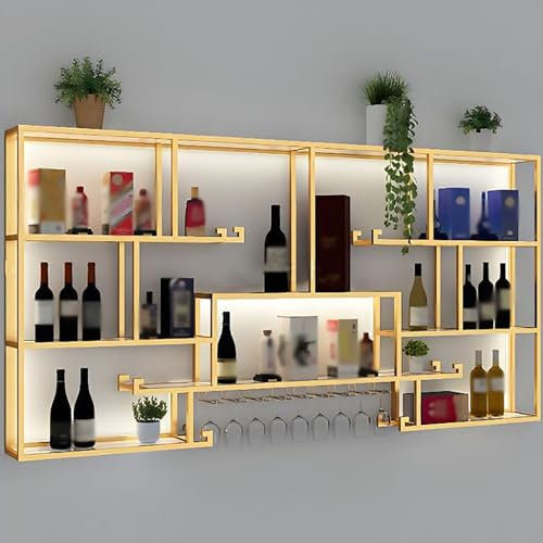 ICEMOB Botellero Vino con Luz LED,Botellero Pared Metal,Multifunción Vinotecas,Mueble Botellero para Cocina,Comedor, Hogar,Profesional Vinotecas,Fácil De Instalar,Oro,160CM