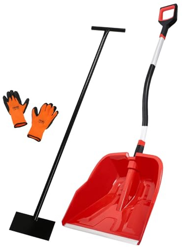 KOTARBAU® Set pala da neve con manico in legno, guanti caldi, pala da neve, pala da neve, pala con manico, Pala da neve rinforzata 54 cm/raschietto per ghiaccio/guanti, Industriale