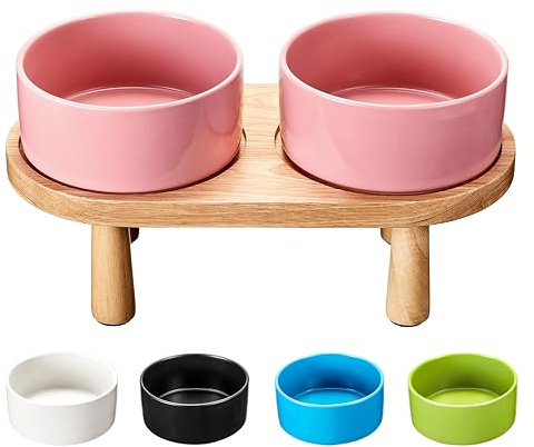 MOPANG Gamelles Surélevées en Céramique pour Grands Chiens, Ensemble de Gamelles pour Nourriture et Eau avec Support en Bois, 1800ml, Rouge Saumon