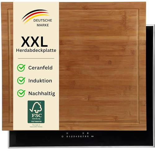 MOON HOME Schneide- und Abdeckplatte - Eclipse, aus FSC Bambus/Holz, große 2 in 1 Herdabdeckplatte, rutschfeste Füße, mit Saftrille, 50 x 56 x 4 cm