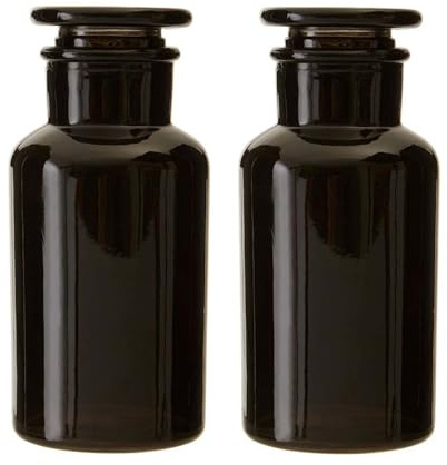 UNIQUE HOME LIVING Apothecary Jar Set of 2 Reagent Bottles, 250ml Black Glass Storage Jars with Lid, Reusable Vintage Refillable Container for Essential Oils, Bath Salts, Lotion, Perfume