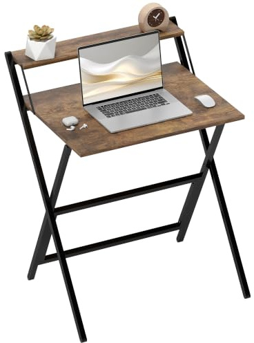 HOMCOM Folding Desk with Monitor Shelf Foldable 70 cm Rustic Brown | Computer Desk for Small Spaces, Space Saving Writing Table Workstation, Home Office Study, Easy Assembly