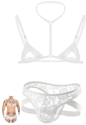 AIEOE Crossdresser sexigt underkläder set spets bh och sträng sissy urholkning underkläder set S-XL, Vit, L