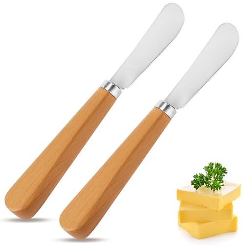2 Stück Buttermesser, Butter Applikator Edelstahl Klein Buttermesser mit Holzgriff Käsemesser, Brot Creme Messer Marmelade Messer und Dessertmesser zum Verstreichen von Käse Cheddar Marmelade