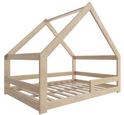 Need Sleep Kinderbett Haus Hausbett Bodentief 120x200 cm ohne Rausfallschutz mit Lattenrost Bodenbett Montessori Bett ab 2 Jahre aus Holz Mädchen Junge Symmetrisch
