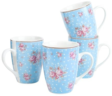 fanquare 300 ml blå blommig keramiska kaffemuggar set med 4, stora blå och vita porslinstekoppar med handtag för varm choklad cappuccino latte