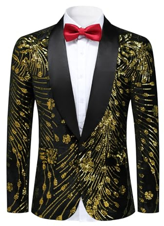 YFFUSHI Chaqueta de Lujo con Lentejuelas para Hombre, Blazer de Vestir Slim Fit, Chaqueta de Esmoquin Elegante y Brillante para Fiesta, dorado, XXL