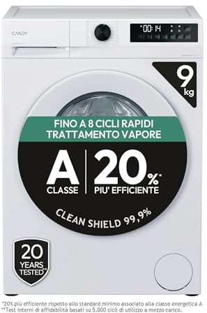 Candy ProWash 300 GD 498-S, Lavatrice Carica Frontale, 9KG Classe A, 1400 giri, 16 Programmi, 8 Cicli Rapidi, Trattamento Vapore, Motore Silent Inverter, Bianco [Classe di efficienza energetica A]